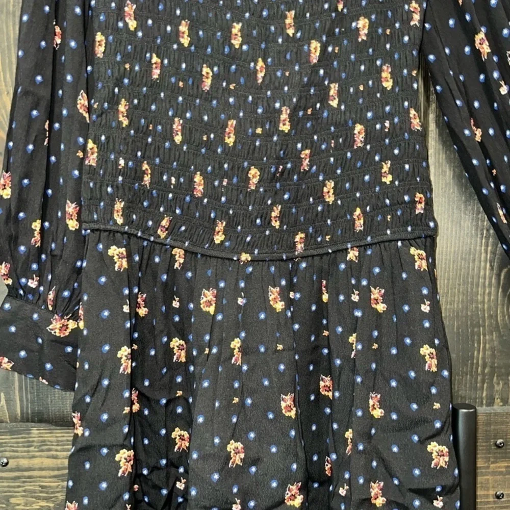 NWT Free People Mini Dress Floral Smocked Square Neck S XS Black‎ Boho